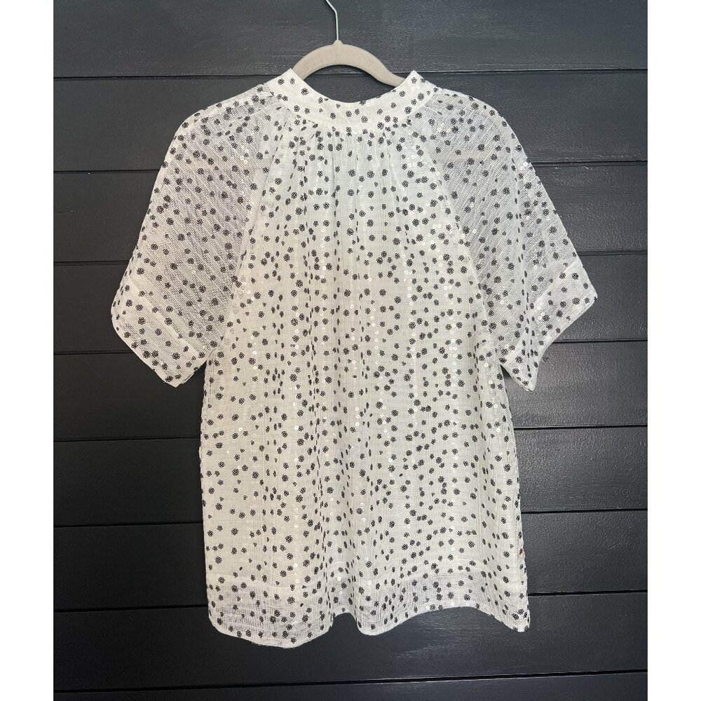 NWT White Sequin Noble 31 "Leann" Blouse | Black Floral Beaded | High Neck Top